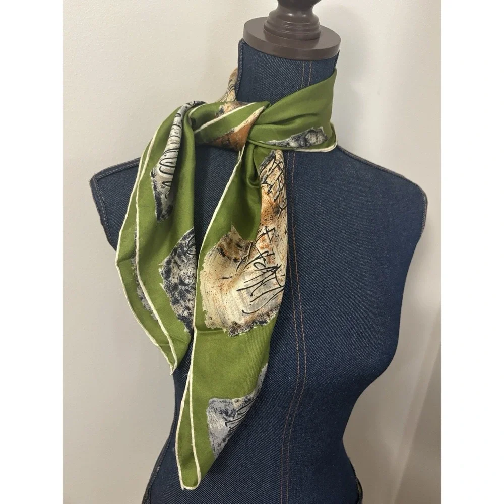 Vintage 1960s/1970s Sally Gee Scarf Hand Rolled SILK Japan 26 Inch Square Green